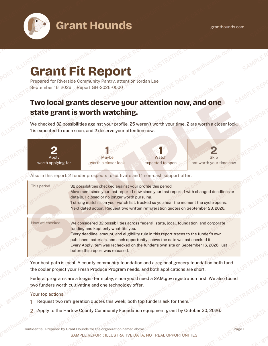 Sample report page: the summary a busy leader can read in two minutes. Every name and figure is fictional.