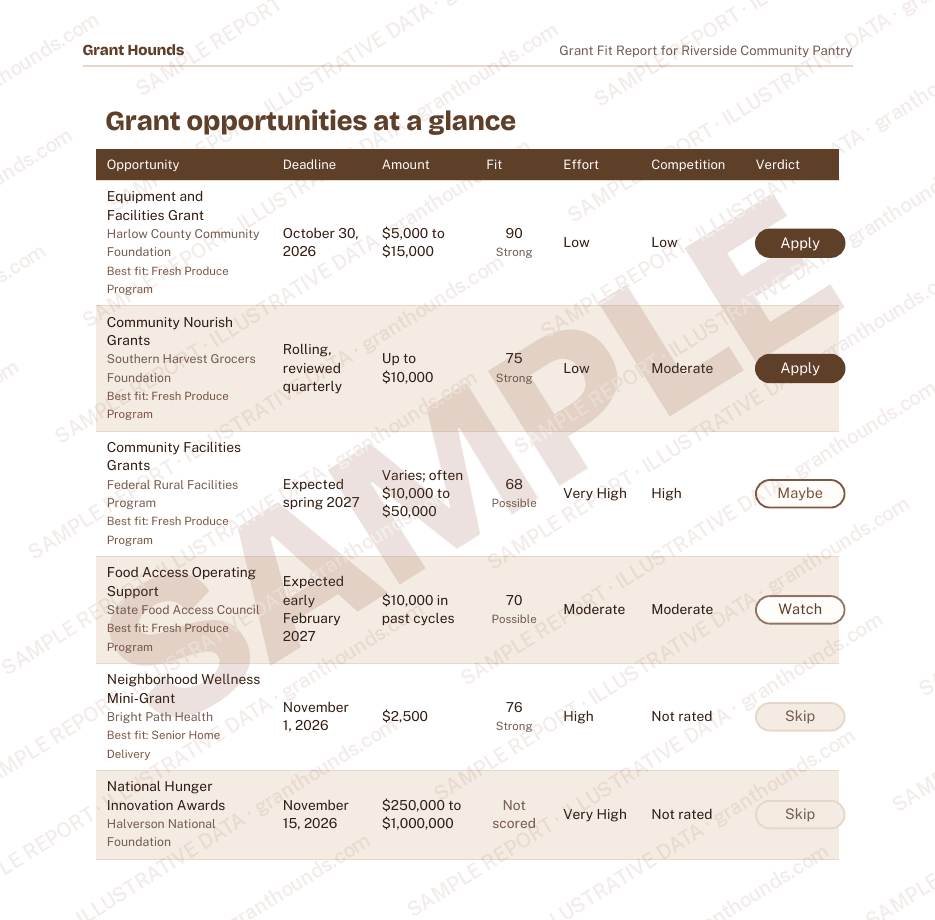 Sample report page: every opportunity, side by side. Every name and figure is fictional.